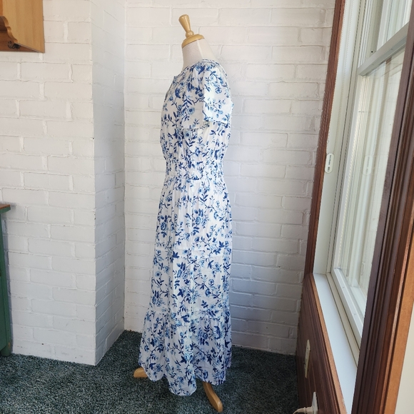 French Connection Blue White Floral Maxi Dress Tiered Long Cotton Pockets Sz L - Picture 4 of 9